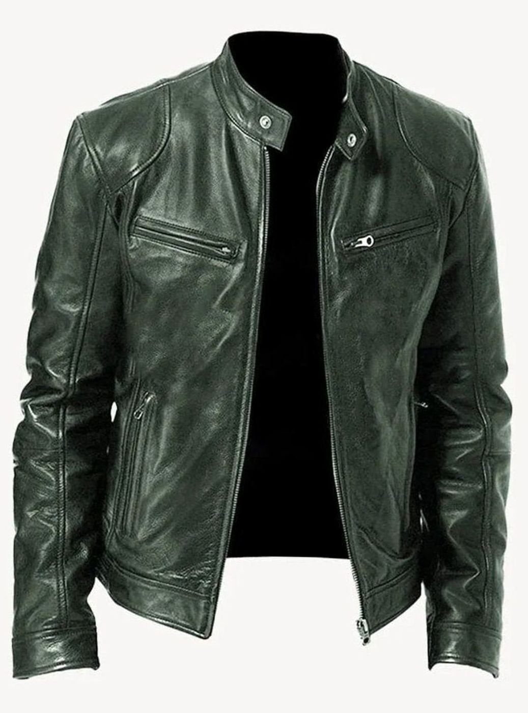 Men's Slim-Fit Faux Leather Moto Jacket Stand Collar - Military Green