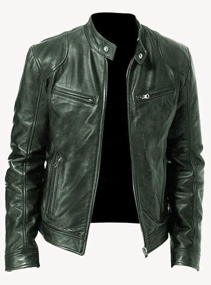 Men's Slim-Fit Faux Leather Moto Jacket Stand Collar - Military Green