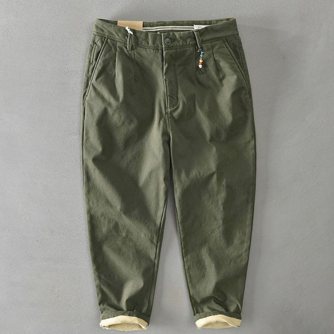 Men's Slim-Fit Fleece-Lined Casual Chino Trousers, Black - Green