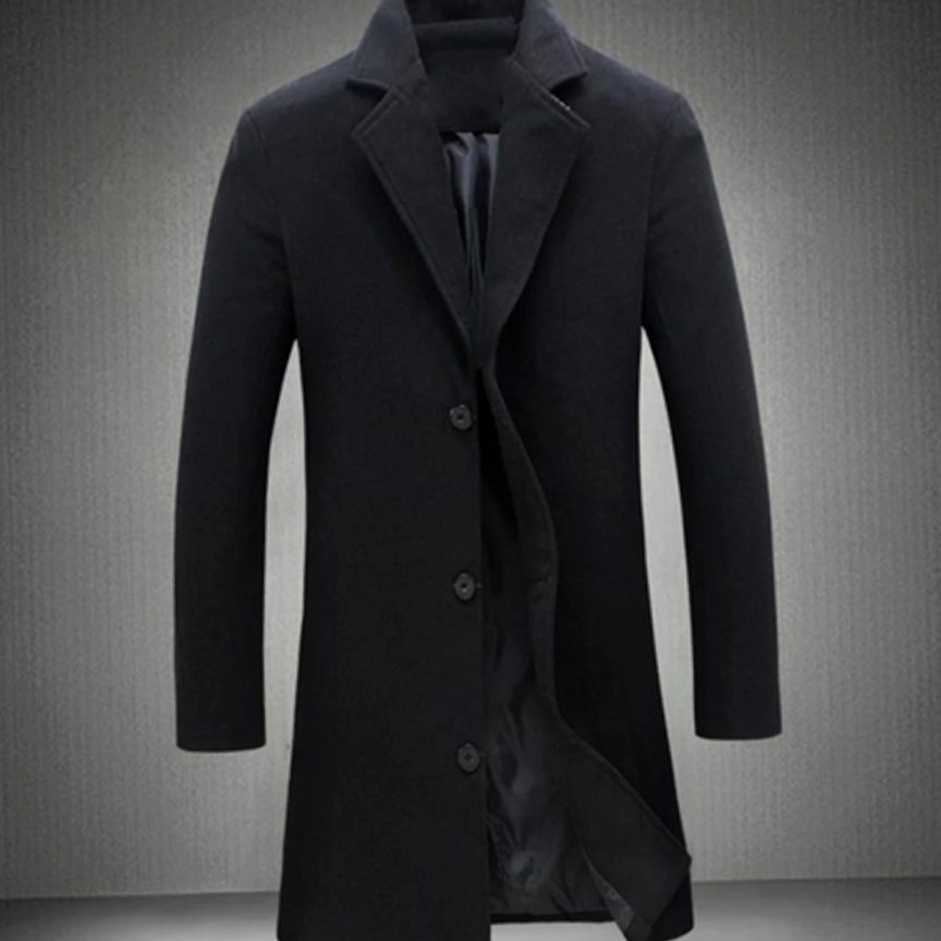 Men's Slim-Fit Long Formal Winter Overcoat - Black