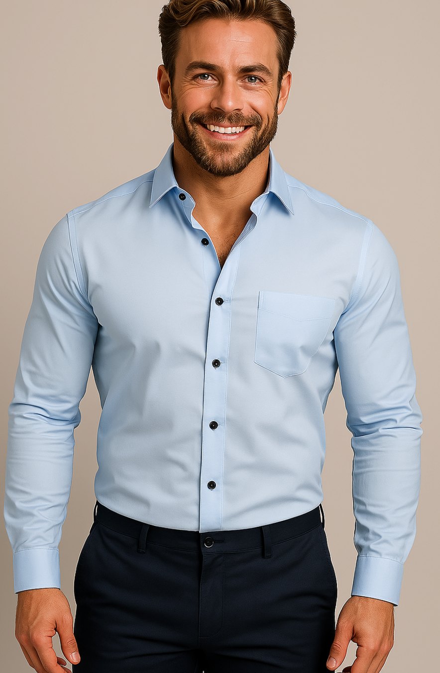 Men's Slim-Fit Long-Sleeve Button-Up Smart Casual Shirt - Sky Blue