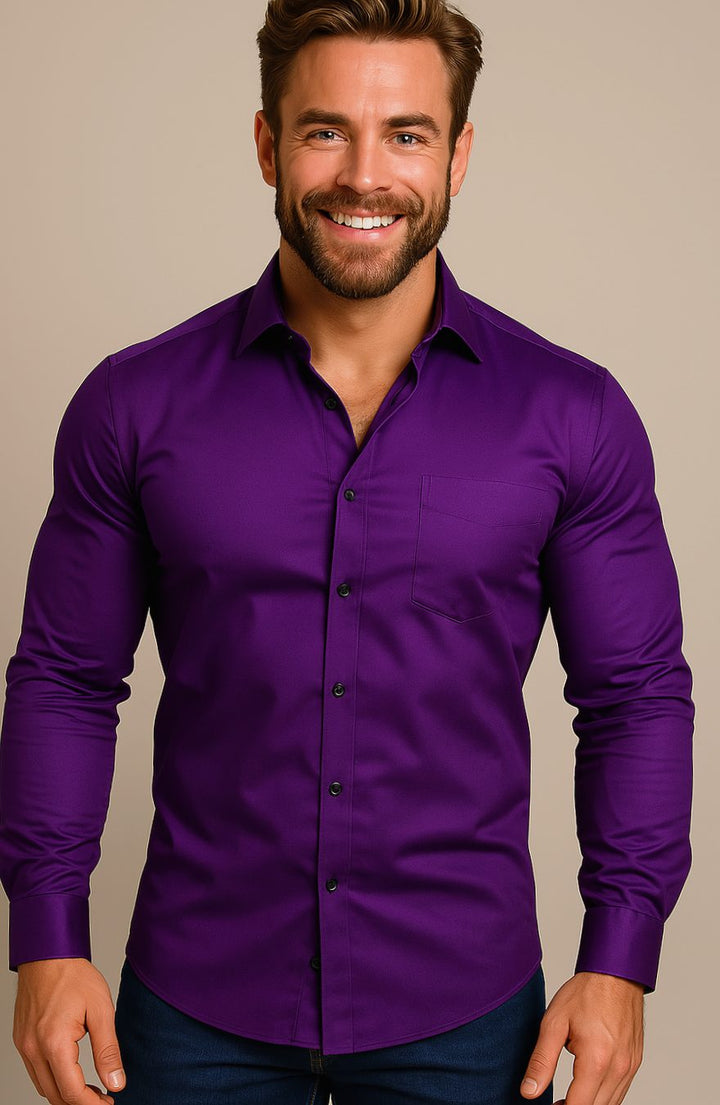 Men's Slim-Fit Long-Sleeve Button-Up Smart Casual Shirt - Purple