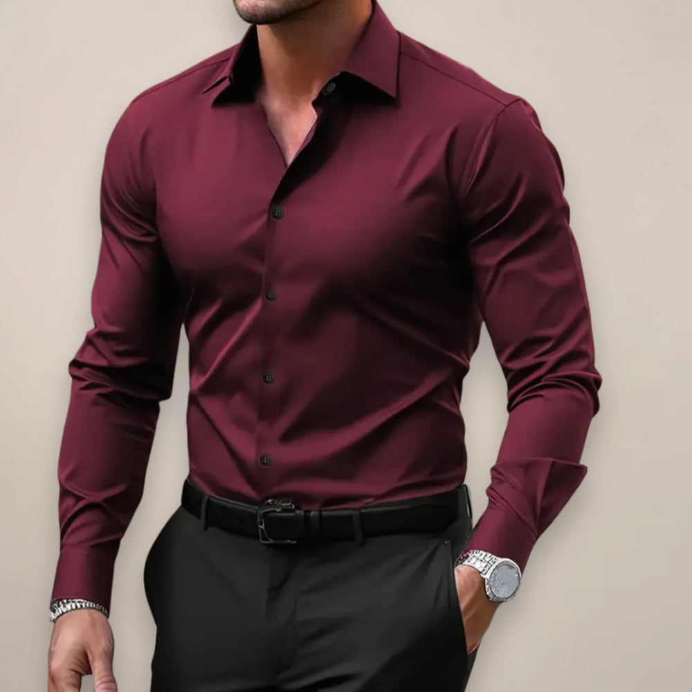 Men's Slim Fit Long Sleeve Button-Up Smart Casual Shirt - Burgundy