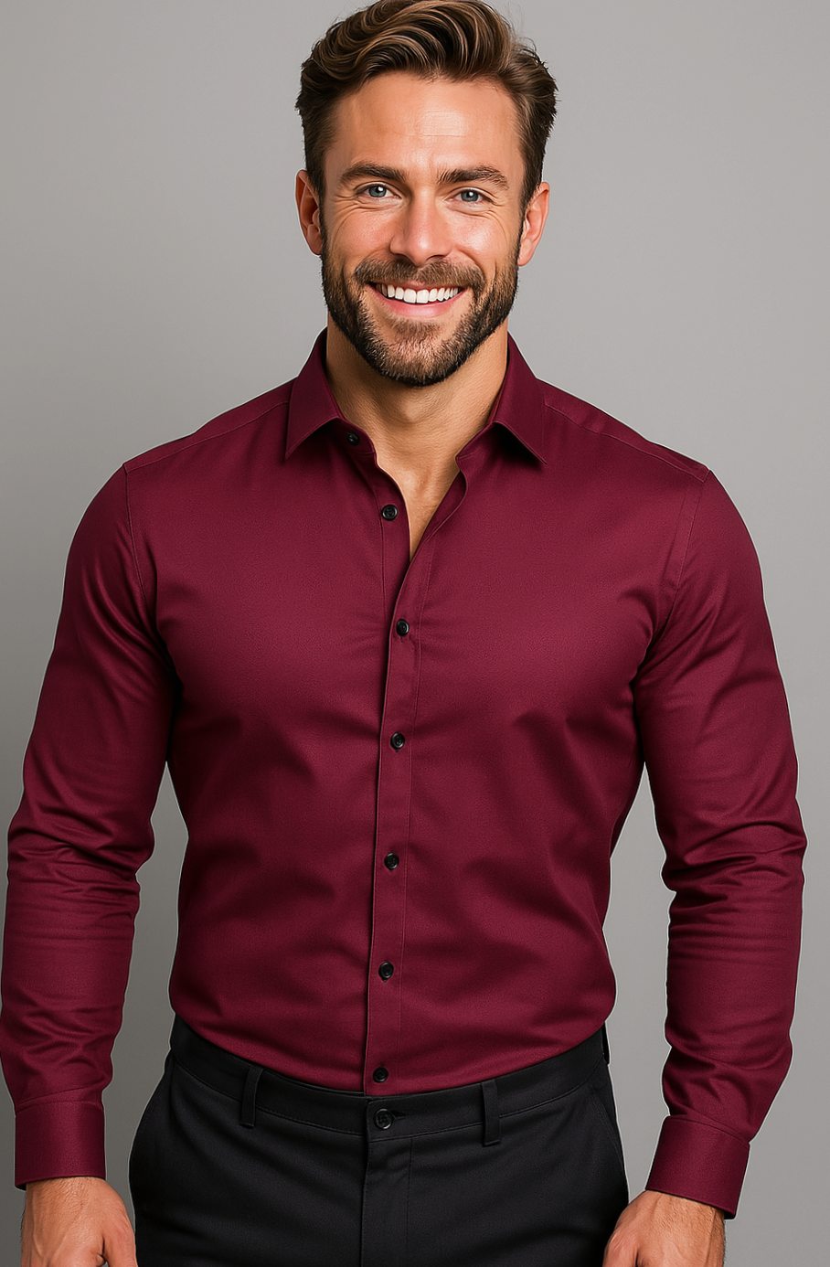 Men's Slim-Fit Long-Sleeve Button-Up Smart Casual Shirt - Burgundy