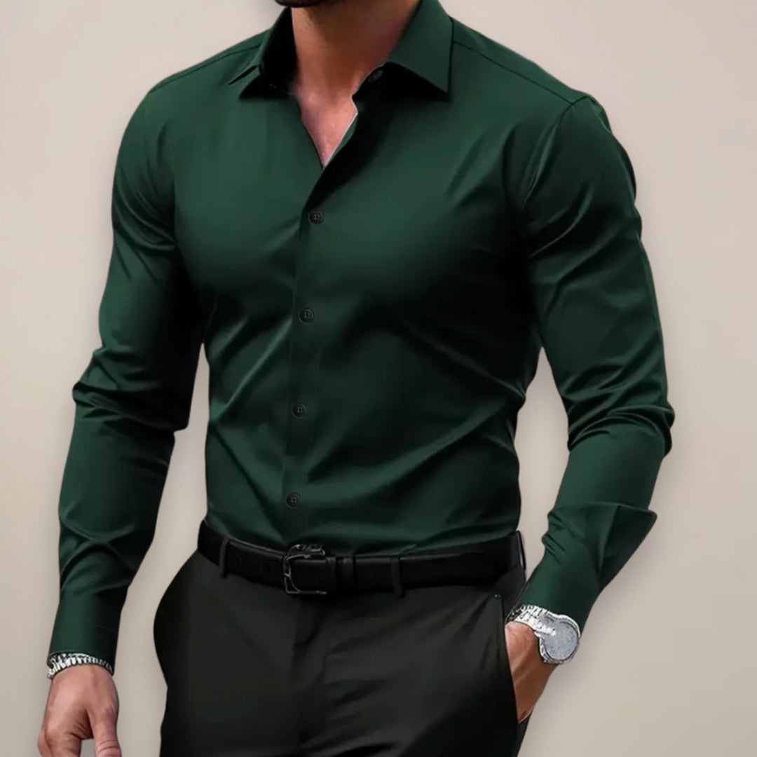 Men's Slim Fit Long Sleeve Button-Up Smart Casual Shirt - Dark Green