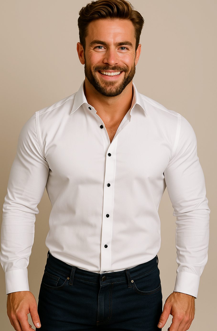 Men's Slim-Fit Long-Sleeve Button-Up Smart Casual Shirt - White (Black Buttons)