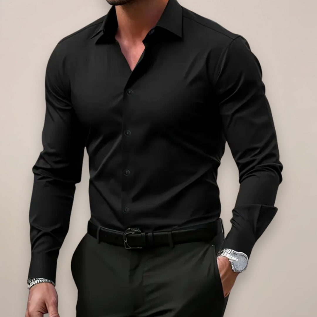 Men's Slim Fit Long Sleeve Button-Up Smart Casual Shirt - Black