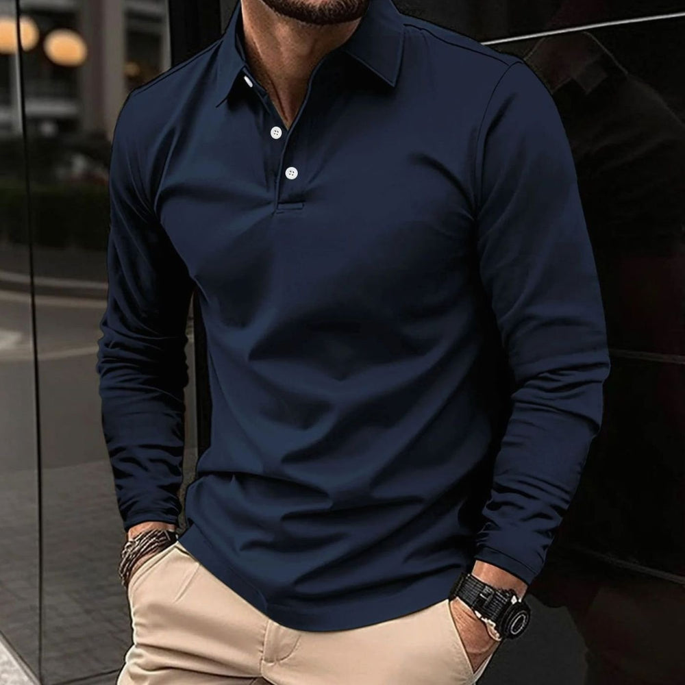 Men's Slim-Fit Long-Sleeve Collared Polo Shirt - Blue