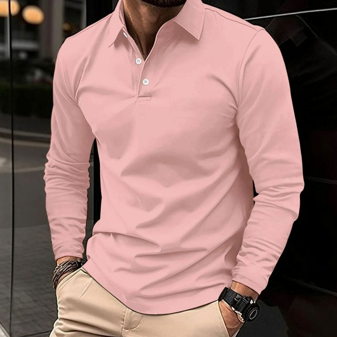 Men's Slim-Fit Long-Sleeve Collared Polo Shirt - Pink