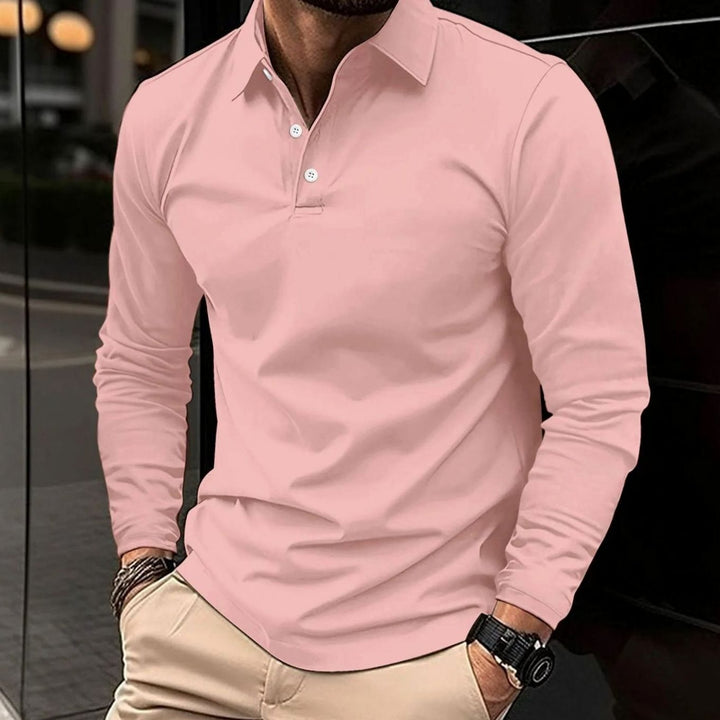 Men's Slim-Fit Long-Sleeve Collared Polo Shirt - Pink