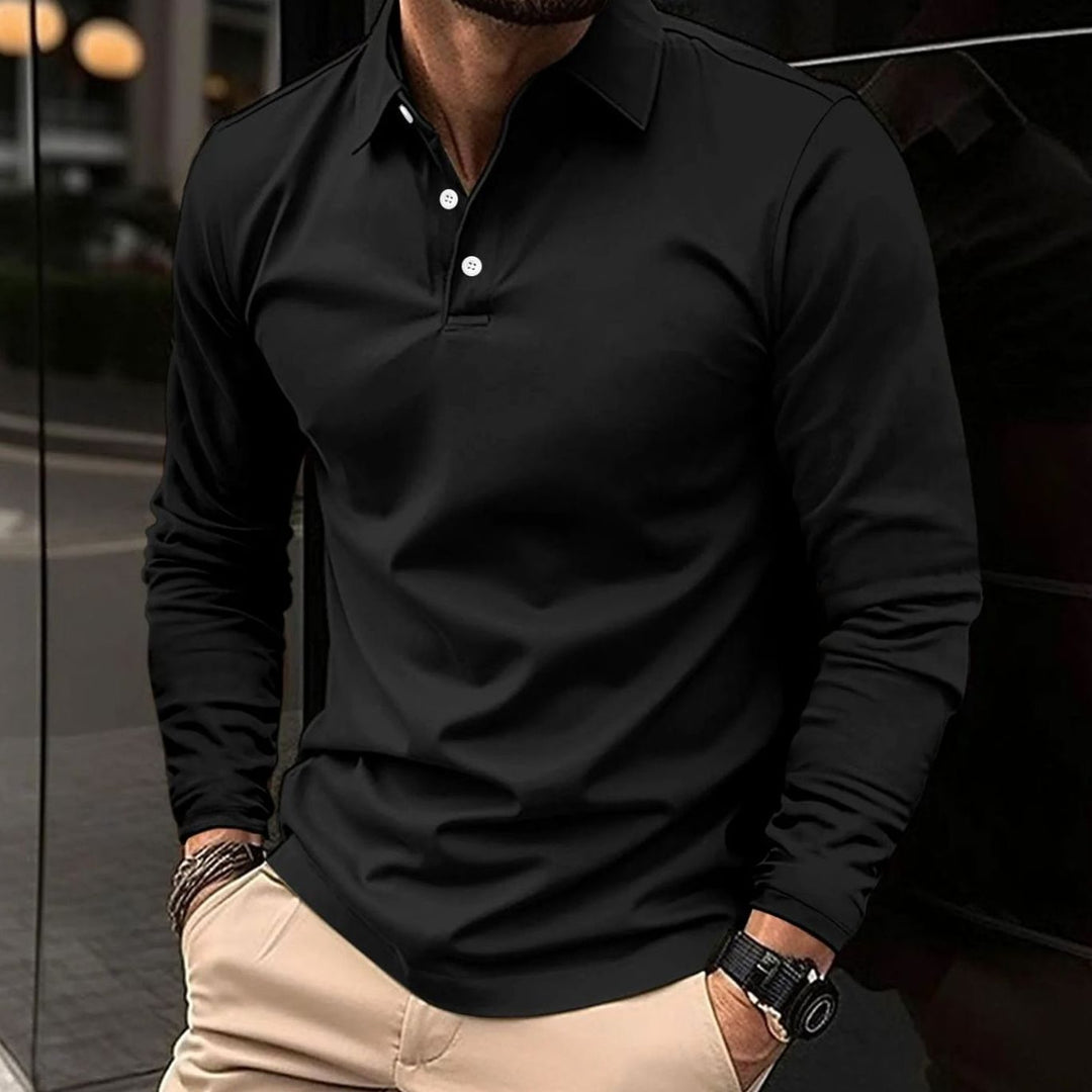 Men's Slim-Fit Long-Sleeve Collared Polo Shirt - Black