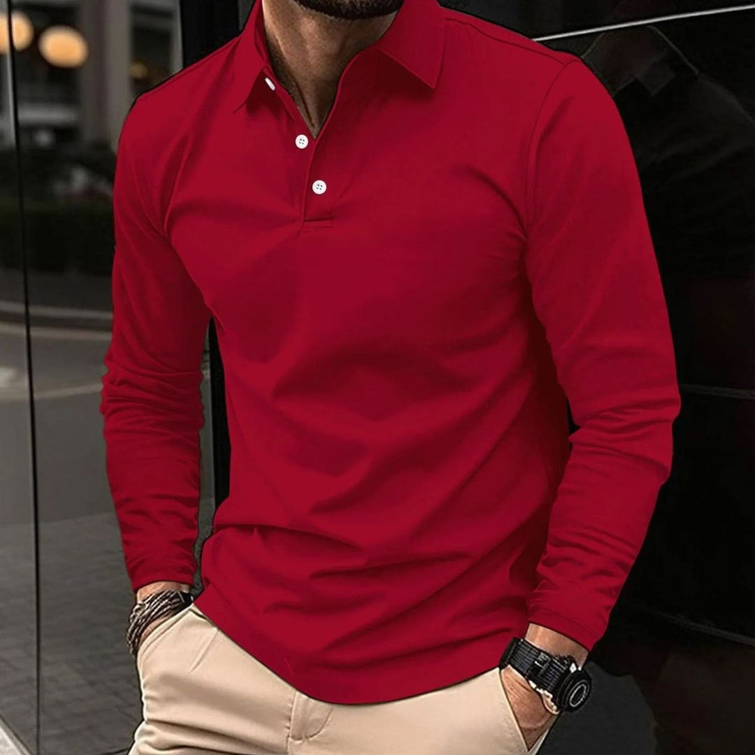 Men's Slim-Fit Long-Sleeve Collared Polo Shirt - Red