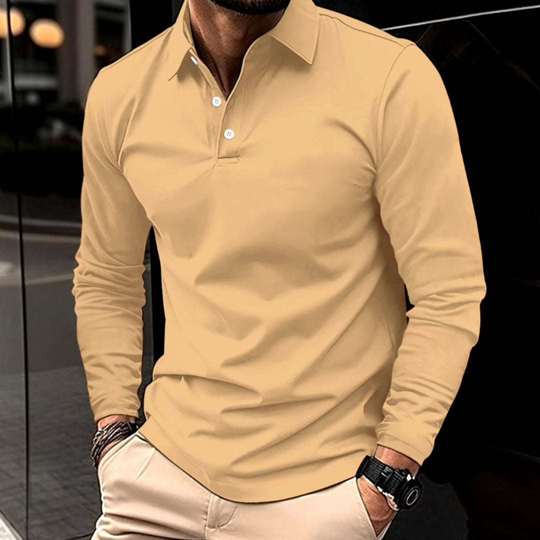 Men's Slim-Fit Long-Sleeve Collared Polo Shirt - Khaki