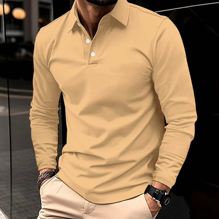 Men's Slim-Fit Long-Sleeve Collared Polo Shirt - Khaki