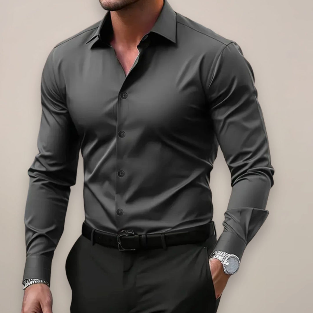 Men's Slim-Fit Long-Sleeve Smart Button-Up Shirt - Dark Grey