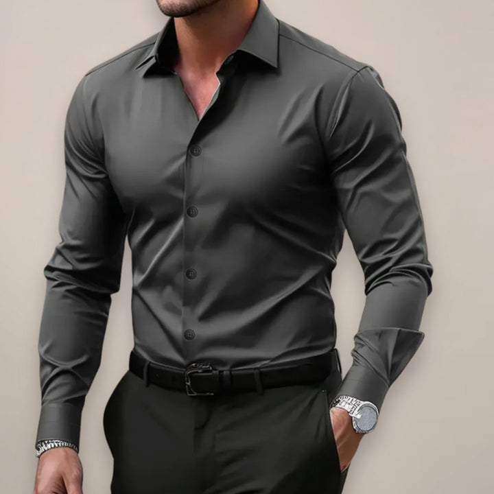 Men's Slim-Fit Long-Sleeve Smart Button-Up Shirt - Dark Grey