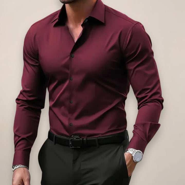 Men's Slim-Fit Long-Sleeve Smart Button-Up Shirt - Burgundy