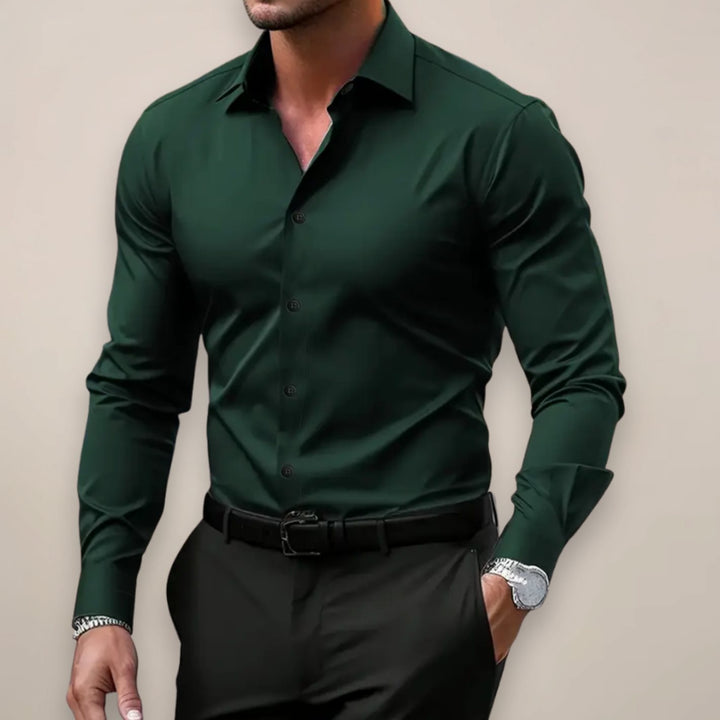 Men's Slim-Fit Long-Sleeve Smart Button-Up Shirt - Dark Green