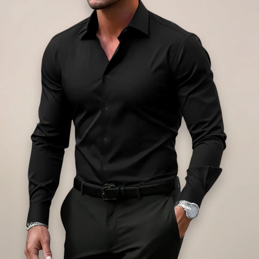 Men's Slim-Fit Long-Sleeve Smart Button-Up Shirt - Black