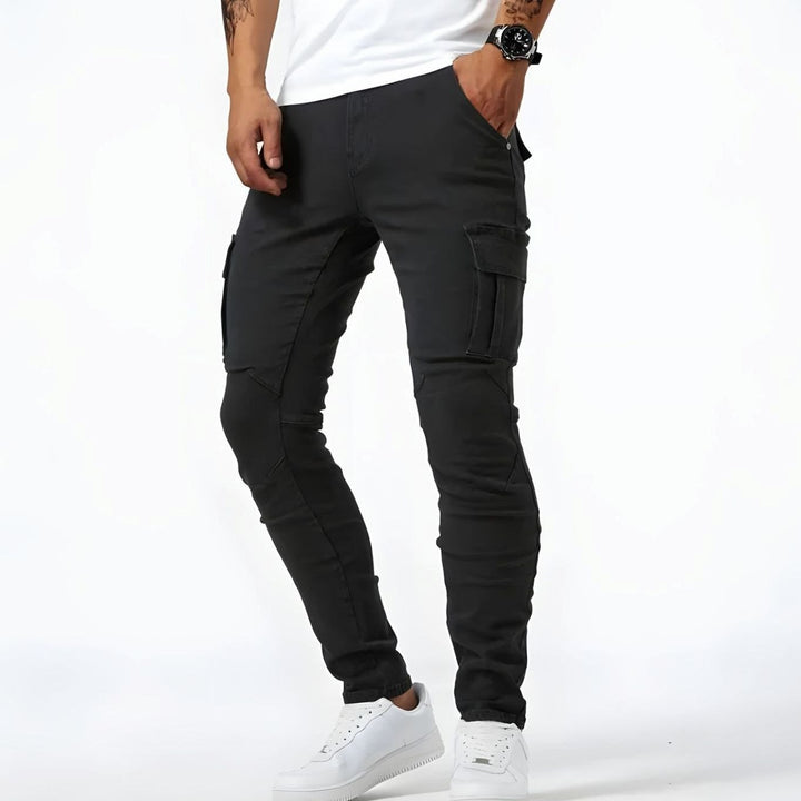 Men's Slim-Fit Multi-Pocket Cargo Trousers, Grey - Black