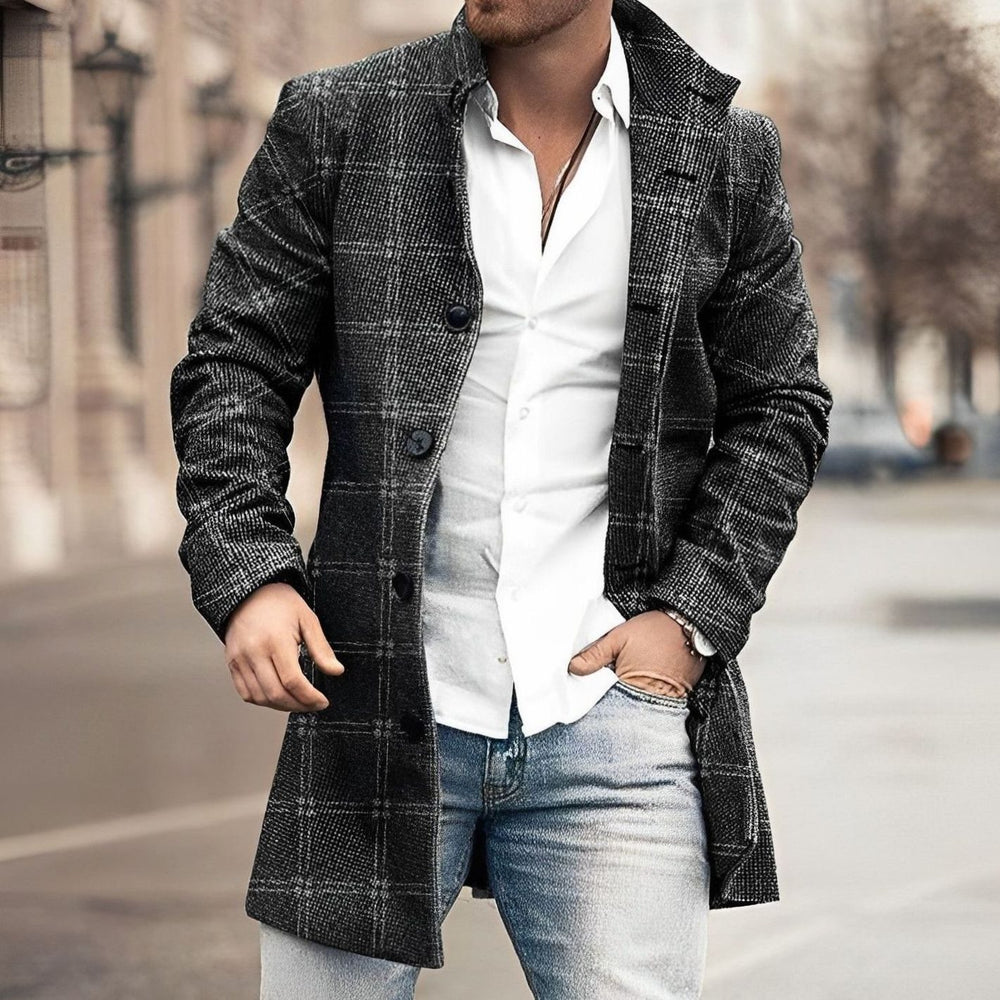 Men's Slim-Fit Single-Breasted Long Wool-Look Overcoat, Grey - Black