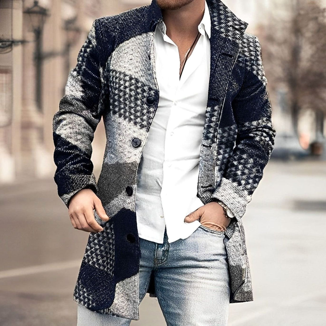 Men's Slim-Fit Single-Breasted Long Wool-Look Overcoat, Grey - Navy Blue
