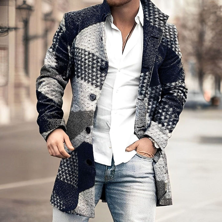 Men's Slim-Fit Single-Breasted Long Wool-Look Overcoat, Grey - Navy Blue