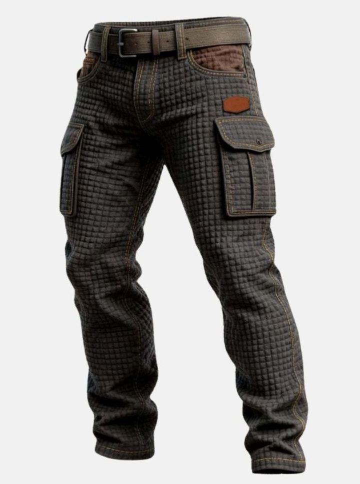 Men's Slim-Fit Waffle-Texture Cargo Trousers Flap Pockets, Dark Brown