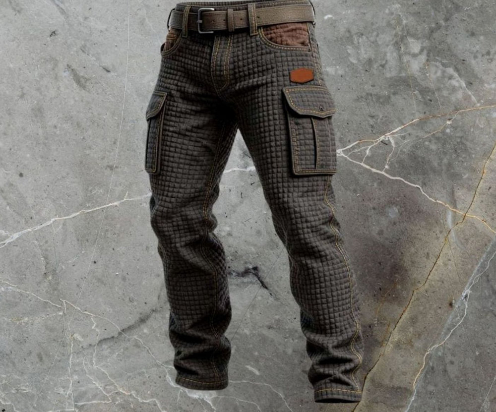 Men's Slim-Fit Waffle-Texture Cargo Trousers Flap Pockets, Dark Brown - Black