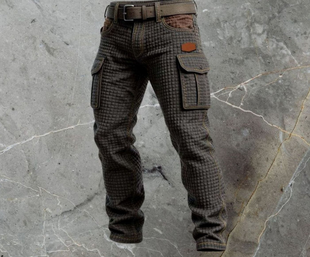 Men's Slim-Fit Waffle-Texture Cargo Trousers Flap Pockets, Dark Brown - Black