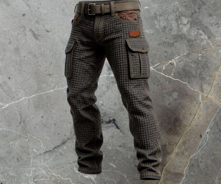 Men's Slim-Fit Waffle-Texture Cargo Trousers Flap Pockets, Dark Brown - Black