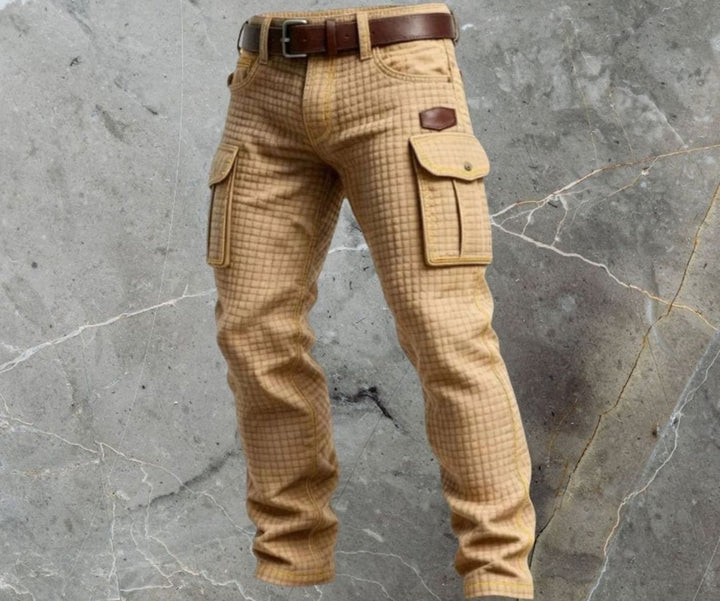 Men's Slim-Fit Waffle-Texture Cargo Trousers Flap Pockets, Dark Brown - Beige