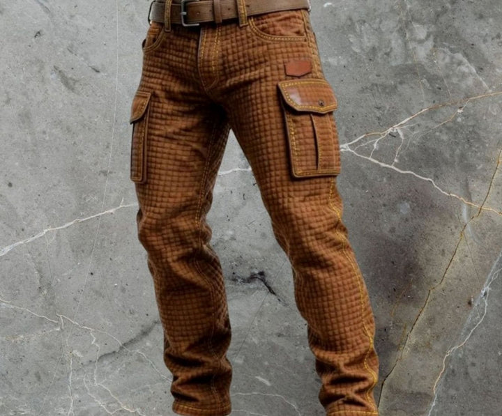 Men's Slim-Fit Waffle-Texture Cargo Trousers Flap Pockets, Dark Brown - Dark Brown