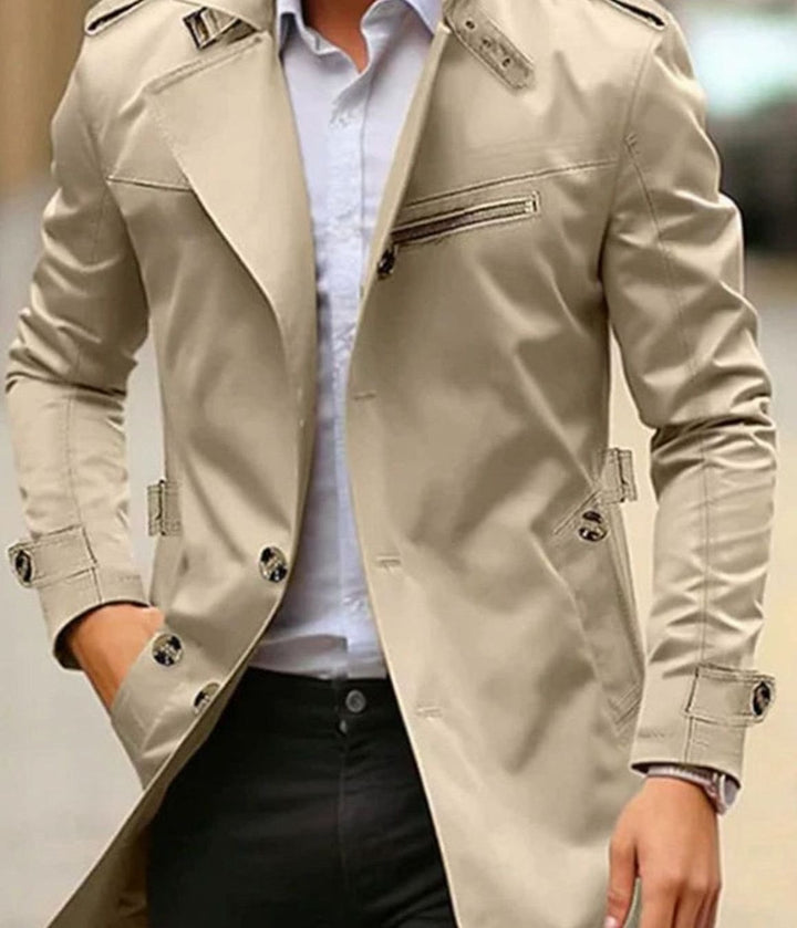 Men's Slim-Fit Wool Trench Coat Double-Breasted Jacket - Light Beige