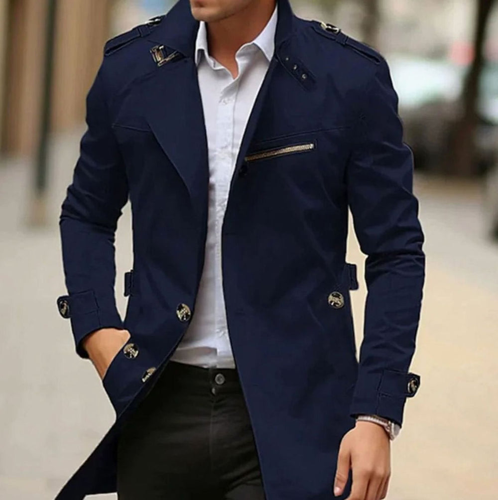 Men's Slim-Fit Wool Trench Coat Double-Breasted Jacket - Dark Navy