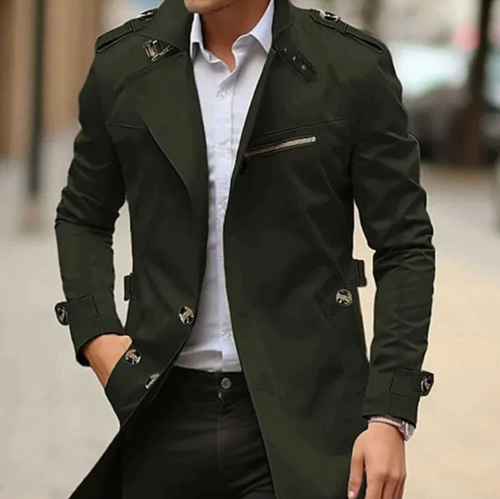 Men's Slim-Fit Wool Trench Coat Double-Breasted Jacket - Green