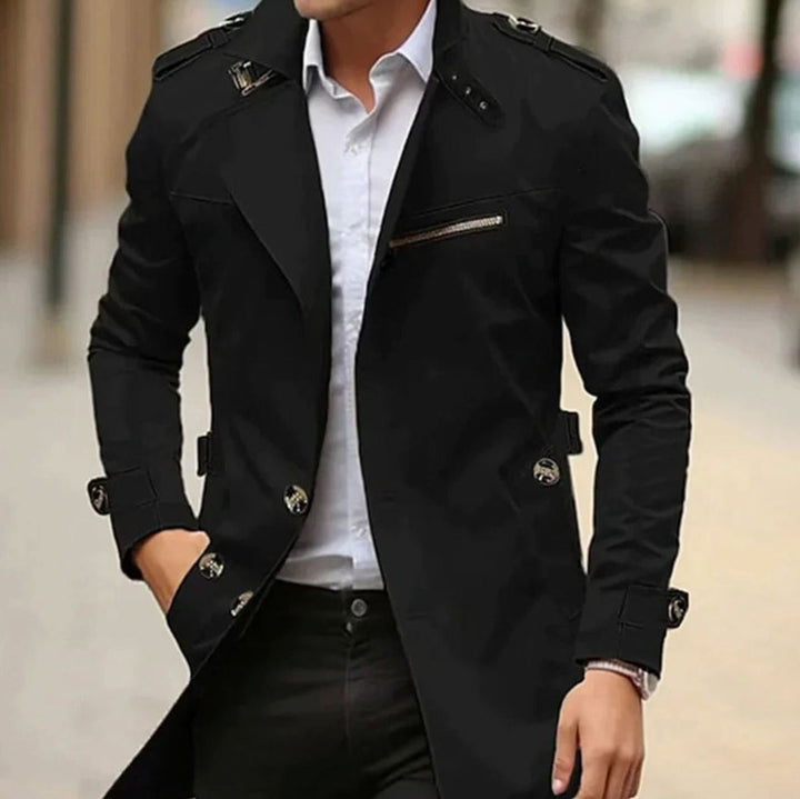 Men's Slim-Fit Wool Trench Coat Double-Breasted Jacket - Black