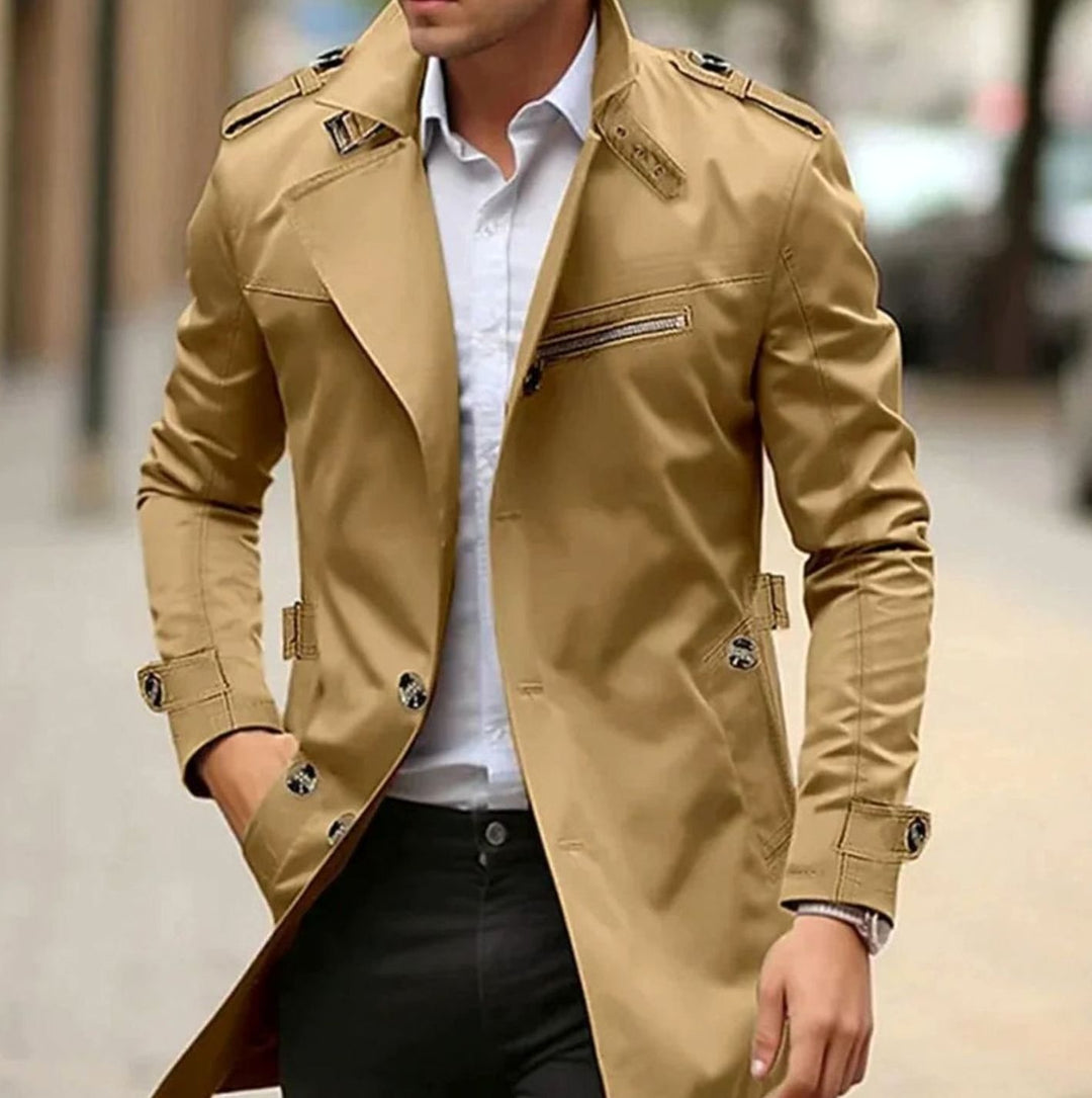 Men's Slim-Fit Wool Trench Coat Double-Breasted Jacket - Dark Beige