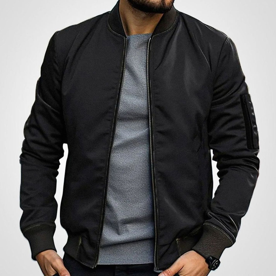 Men's Slim-Fit Zip-Up Bomber Jacket Ribbed Collar - Black