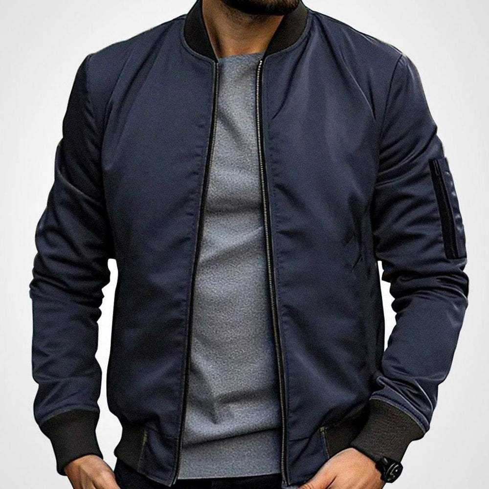 Men's Slim-Fit Zip-Up Bomber Jacket Ribbed Collar - Dark Navy