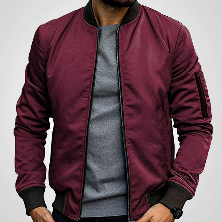 Men's Slim-Fit Zip-Up Bomber Jacket Ribbed Collar - Burgundy