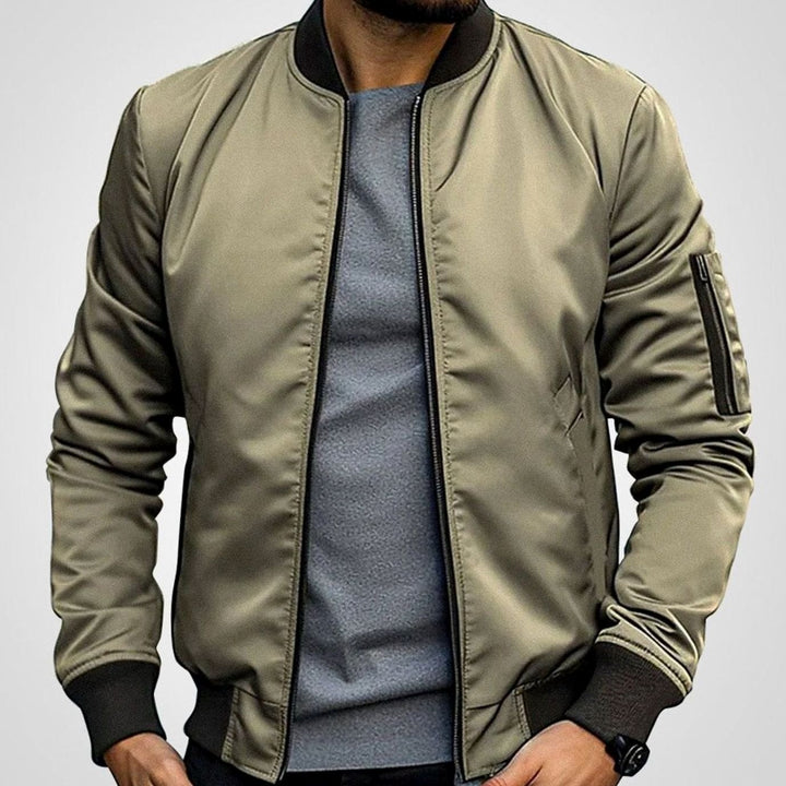 Men's Slim-Fit Zip-Up Bomber Jacket Ribbed Collar - Khaki