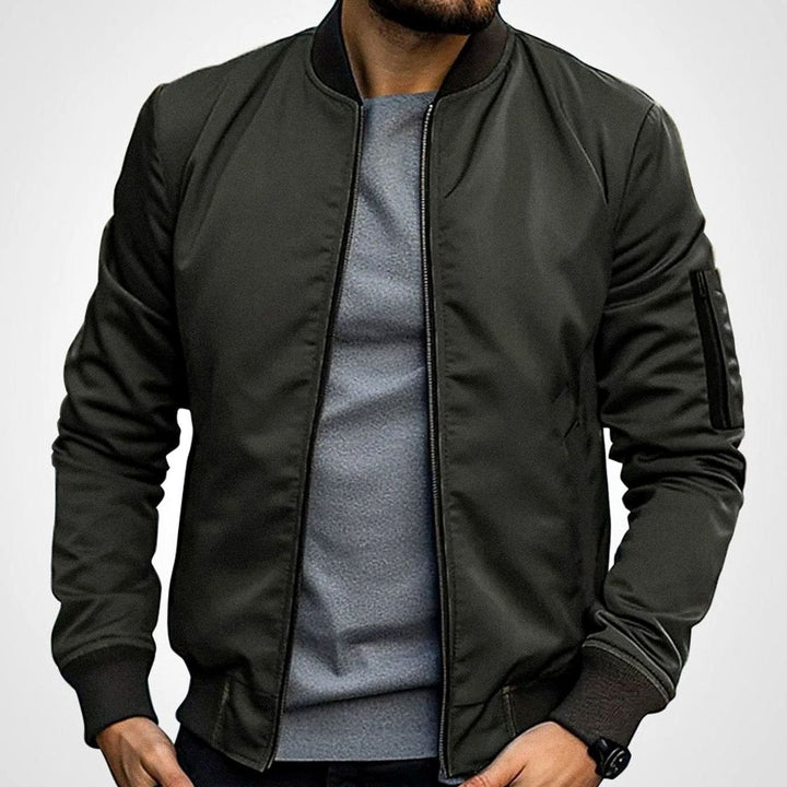 Men's Slim-Fit Zip-Up Bomber Jacket Ribbed Collar - Olive Green