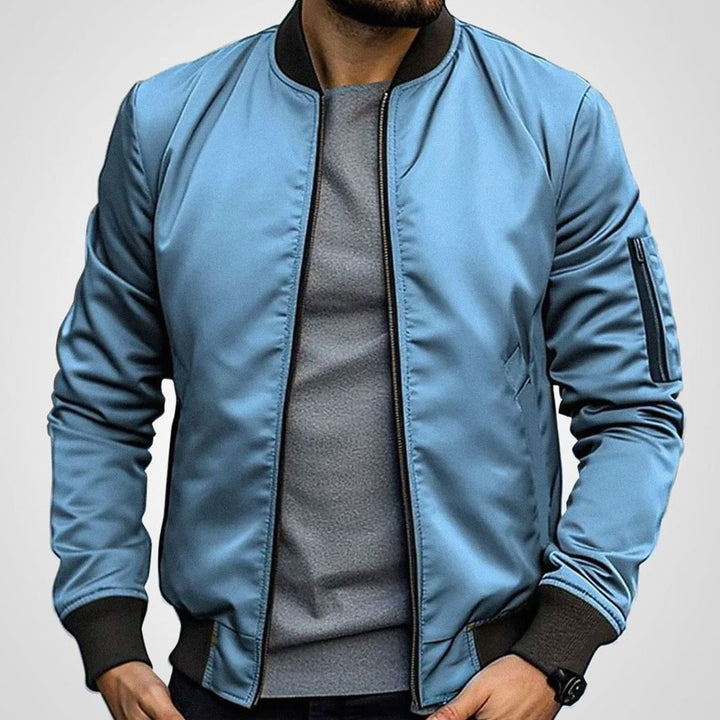 Men's Slim-Fit Zip-Up Bomber Jacket Ribbed Collar - Blue