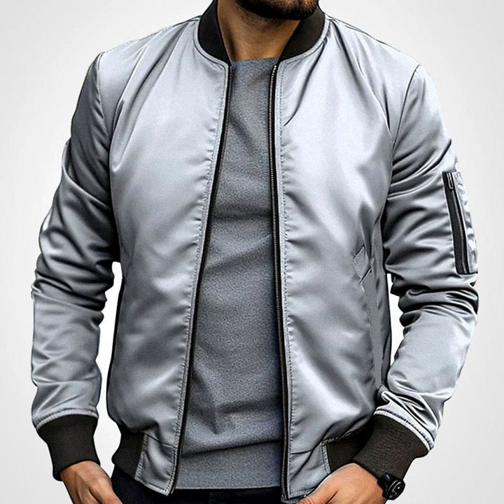 Men's Slim-Fit Zip-Up Bomber Jacket Ribbed Collar - Light Grey