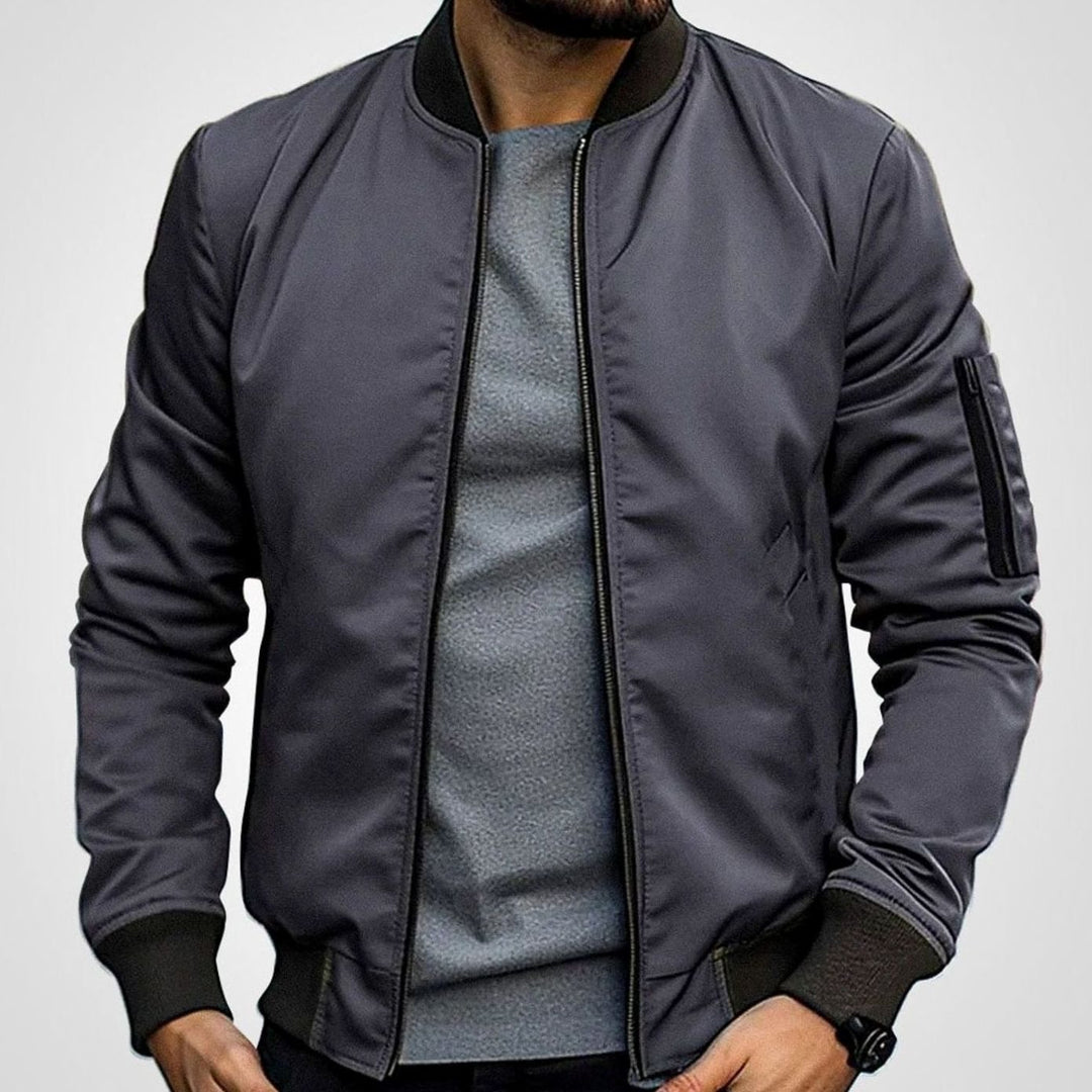 Men's Slim-Fit Zip-Up Bomber Jacket Ribbed Collar - Dark Grey