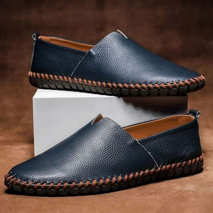 Men's Slip-On Leather-Look Loafers Contrast Whipstitch Sole - Navy