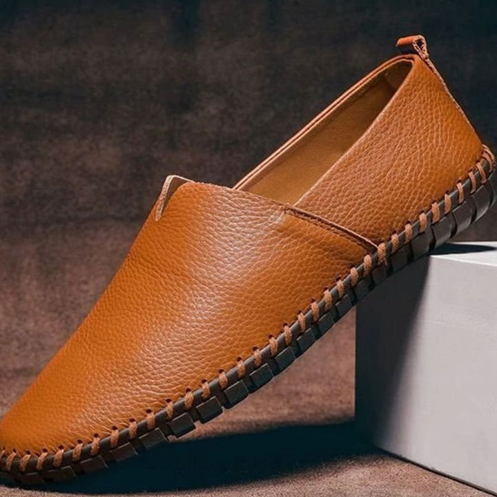 Men's Slip-On Leather-Look Loafers Contrast Whipstitch Sole - Caramel