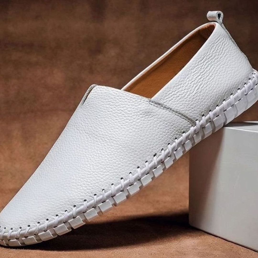 Men's Slip-On Leather-Look Loafers Contrast Whipstitch Sole - White