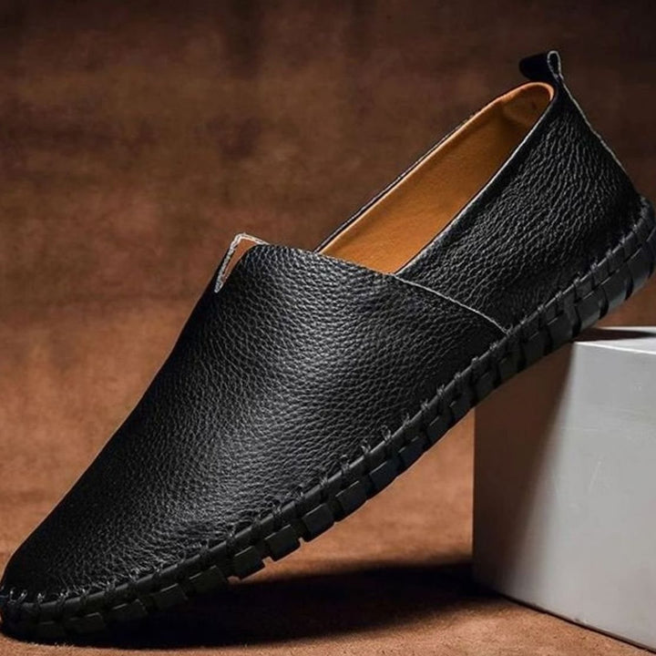 Men's Slip-On Leather-Look Loafers Contrast Whipstitch Sole - Black